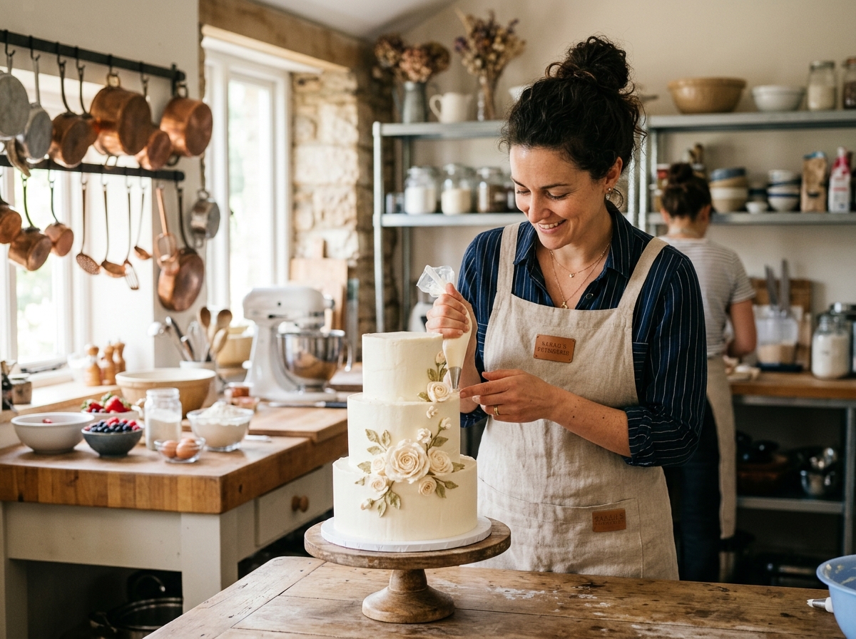 Artisanal pastry chef at Dream Cakes delicately finishing an intricate bespoke cake