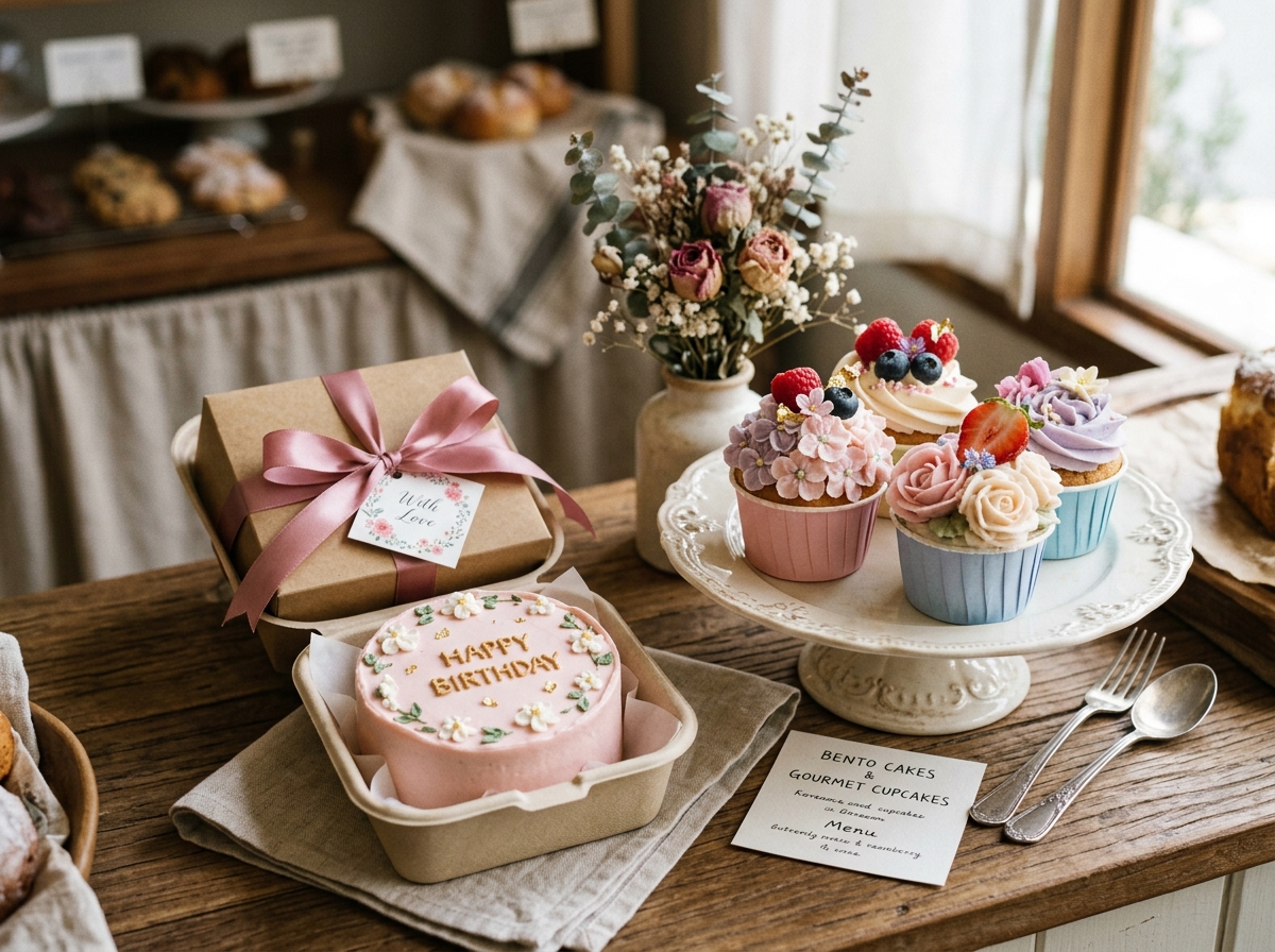 Aesthetic Korean bento cake in kraft box and gourmet piped floral cupcakes