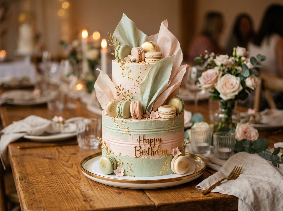 Milestone birthday cake with wafer paper sails and French macarons