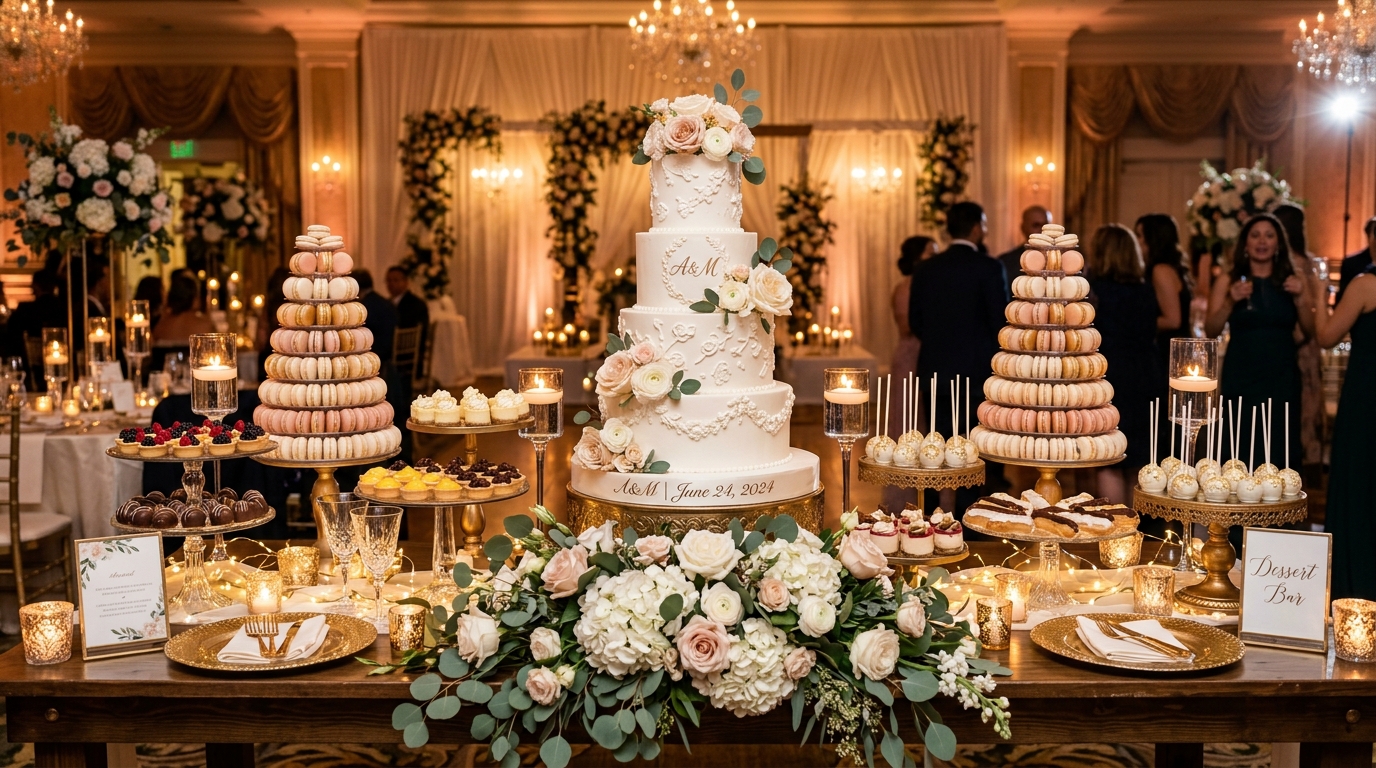 Luxury wedding dessert table with macarons towers, cake pops, and floral staging