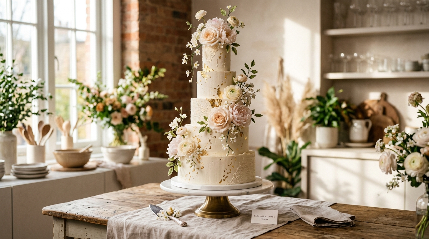 Exquisite multi-tier handcrafted bespoke wedding cake by Dream Cakes