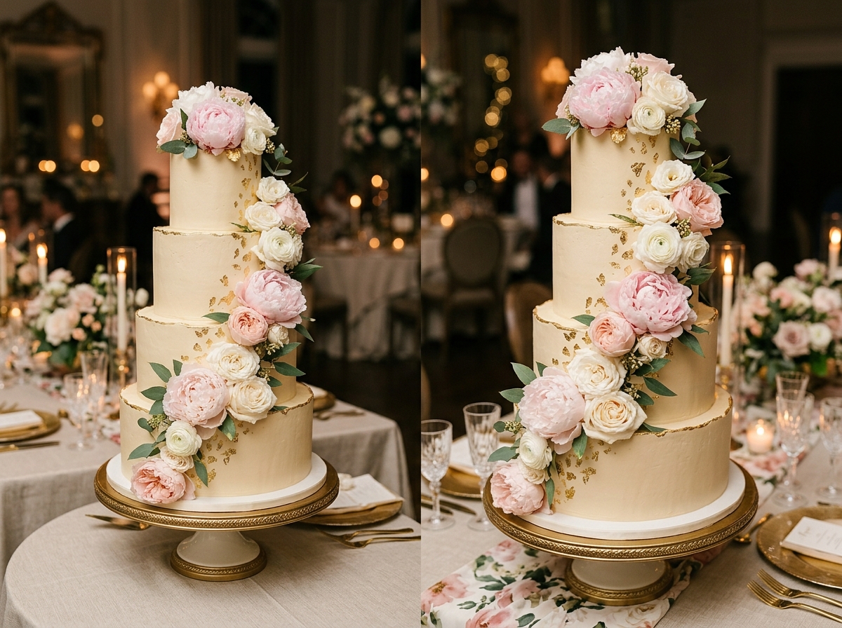Bespoke luxury tiered wedding cake with fresh peonies